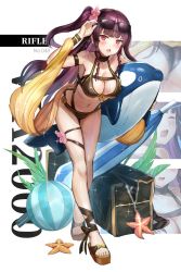 Rule 34 | 1girl, adjusting eyewear, arm strap, ass, bag, ball, bare shoulders, beach umbrella, beachball, bikini, black bikini, blush, bow, breasts, choker, cleavage, expressions, flower, footwear bow, frown, full body, girls&#039; frontline, hair flower, hair ornament, hair ribbon, half updo, himonoata, holding, inflatable dolphin, inflatable toy, laced footwear, large breasts, leaning forward, long hair, looking at viewer, multiple views, one side up, open mouth, purple hair, red eyes, ribbon, sandals, shoes, simple background, starfish, sunglasses, sunglasses on head, swimsuit, thigh strap, tsurime, umbrella, very long hair, wa2000 (girls&#039; frontline), wet, white background, wrist straps