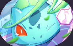 Rule 34 | bright pupils, bulbasaur, closed mouth, commentary request, creatures (company), fangs, game freak, gen 1 pokemon, leaf, falling leaves, looking at viewer, musical note, nintendo, no humans, one eye closed, plant, pokemon, pokemon (creature), red eyes, ririri (user rkrv7838), smile, solo, spoken musical note, vines, white pupils