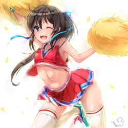 Rule 34 | 1girl, arm up, armpits, bad id, bad nicoseiga id, bare shoulders, black hair, blue eyes, breasts, cheerleader, crop top, leg up, long hair, midriff, miniskirt, mizugensui, navel, one eye closed, open mouth, original, pom pom (cheerleading), ponytail, ribbed legwear, shoes, signature, skirt, sleeveless, small breasts, smile, sneakers, solo, sweat, teeth, thighhighs, white thighhighs
