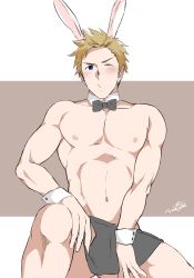 Rule 34 | 1boy, abs, animal ears, apron, bara, bare pectorals, beard, black apron, blonde hair, blush, bow, bowtie, rabbit ears, chest hair, crossdressing, detached collar, facial hair, highres, male focus, male playboy bunny, muscular, muscular male, navel, niichi (niichi21), nipples, original, pectorals, short hair, solo, squatting, stomach, thighs, waist apron, wrist cuffs