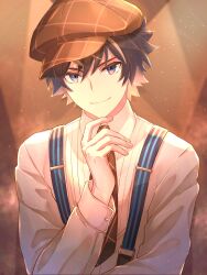 Rule 34 | 1boy, absurdres, aopix 001, black hair, blue eyes, brown background, cabbie hat, charlemagne (disguise costume) (fate), charlemagne (fate), closed mouth, collared shirt, commentary, fate/grand order, fate (series), hand on own cheek, hand on own face, hat, highres, light particles, long sleeves, looking at viewer, male focus, multicolored hair, necktie, official alternate costume, red necktie, shirt, short hair, simple background, smile, solo, streaked hair, suspenders, two-tone hair, upper body, white hair, white shirt, wing collar