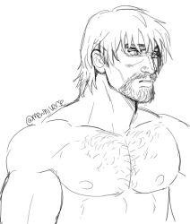 Rule 34 | 1boy, abs, aquiline nose, bara, chest hair, einar (vinland saga), facial hair, goatee, greyscale, large pectorals, looking ahead, male focus, mature male, mewniverse, monochrome, muscular, muscular male, mustache, nipples, pectorals, short hair, sketch, solo, stomach, thick eyebrows, topless male, vinland saga