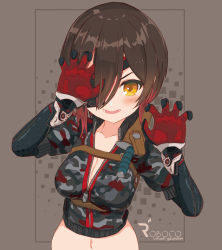 Rule 34 | 1girl, android, bad id, bad twitter id, breast strap, breasts, brown hair, character name, claw pose, cleavage, cropped jacket, cropped torso, eyepatch, gloves, hair between eyes, highres, hololive, mechanical arms, medium breasts, midriff, miriamu, navel, one eye covered, open hands, open mouth, red gloves, roboco-san, roboco-san (1st costume), short hair, solo, virtual youtuber, yellow eyes
