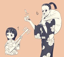 Rule 34 | 2boys, aged down, black hair, closed mouth, coin, commentary request, denjirou (one piece), hasami (hasami25), high ponytail, holding, holding instrument, injury, instrument, japanese clothes, kikunojo (one piece), kimono, male focus, multiple boys, music, one piece, open mouth, playing instrument, ponytail, round eyewear, shamisen, short hair, simple background, smile, sunglasses, teeth