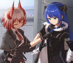 Rule 34 | 2girls, adjusting another&#039;s clothes, animal ears, arknights, asymmetrical gloves, bird ears, black gloves, black skirt, blue eyes, blue hair, closed eyes, collared shirt, day, demon horns, female focus, fiammetta (arknights), fur-trimmed hood, fur trim, gloves, halo, high-waist skirt, hood, hood down, hooded jacket, horns, jacket, long hair, mismatched gloves, mostima (arknights), multiple girls, necktie, open clothes, open jacket, outdoors, railing, red hair, red necktie, rooftop, shironekoban, shirt, short hair, skirt, upper body, white gloves, white shirt