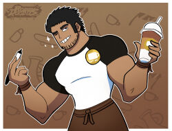 Rule 34 | 1boy, alternate skin color, apron, bara, barista, beard stubble, black hair, brown apron, brown theme, coffee, coffee cup, cup, dark-skinned male, dark skin, disposable cup, facial hair, highres, holding, holding cup, holding marker, huge eyebrows, large pectorals, leaning to the side, looking at viewer, lucas lee, male focus, marker, muscular, muscular male, official alternate costume, one eye closed, pectorals, roddydoodles, scott pilgrim (series), scott pilgrim takes off, shirt, short hair, short sleeves, smile, solo, sparkling aura, stubble, t-shirt, tight clothes, tight shirt, waist apron