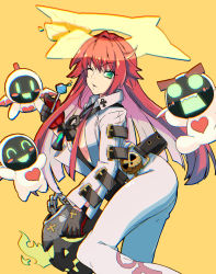 Rule 34 | 1girl, bat wings, breasts, broken halo, candy, chain, chromatic aberration, creature, food, fujimako, gloves, guilty gear, guilty gear strive, halo, highres, jack-o&#039; valentine, large breasts, lollipop, long hair, one eye closed, red hair, wings