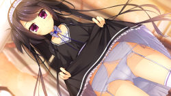 Rule 34 | 1girl, ahoge, aya tsuzura, black hair, blurry, blush, bow, bow panties, brooch, cameltoe, clothes lift, cowboy shot, curtains, depth of field, detached collar, dutch angle, expressionless, flat chest, frills, game cg, garter belt, garter straps, hairband, headband, highres, houjou ruriko, indoors, jewelry, lace, lens flare, lifted by self, lingerie, lolita fashion, lolita hairband, long hair, looking at viewer, maboroshi no dystopia, panties, purple eyes, side-tie panties, skirt, skirt lift, solo, string panties, thighhighs, tsuzura aya, two side up, underwear, very long hair, white panties, white thighhighs, window