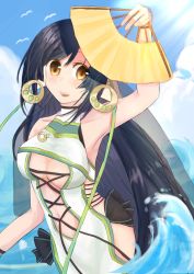 Rule 34 | 1girl, absurdly long hair, animal ears, aquaplus, ass, bare shoulders, bird, black hair, blue sky, blush, bracelet, breasts, cleavage, cleavage cutout, clothing cutout, cloud, cloudy sky, collarbone, cowboy shot, earrings, hair between eyes, hand fan, highres, holding, holding fan, holding weapon, jewelry, kuon (utawarerumono), kuon waves-enticing fan, long hair, looking at viewer, medium breasts, midriff, open mouth, orange eyes, raised eyebrows, seagull, sidelocks, sky, sleeveless, solo, swept bangs, swimsuit, teeth, thighs, toned, toned female, tongue, totoroppu, utawarerumono, utawarerumono: itsuwari no kamen, utawarerumono: lost flag, veil, very long hair, water, waves, weapon