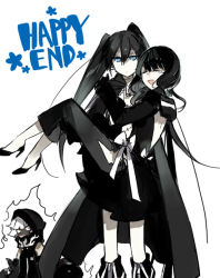 Rule 34 | 10s, 3girls, :d, aura, black hair, black rock shooter, black rock shooter (character), blue eyes, carrying, coat, dark aura, dead master, closed eyes, good end, holding, jealous, long hair, monochrome, multiple girls, open mouth, princess carry, scar, smile, spoilers, spot color, starshadowmagician, strength (black rock shooter), takanashi yomi, tears, twintails, very long hair, yuri