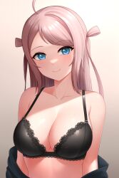 Rule 34 | 1girl, ahoge, arms at sides, bare shoulders, black bra, black shirt, blue eyes, bra, breasts, brown background, cleavage, closed mouth, clothes down, collarbone, commentary, gradient background, highres, lace, lace-trimmed bra, lace trim, large breasts, long hair, looking at viewer, love live!, love live! nijigasaki high school idol club, pink hair, shade, shirt, sidelocks, smile, solo, swept bangs, two side up, underwear, upper body, yisusjpl, zhong lanzhu