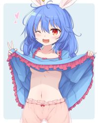 Rule 34 | animal ears, bloomers, blue dress, blue hair, blush, breasts, clothes lift, commentary request, cowboy shot, dress, dress lift, frilled dress, frills, gluteal fold, groin, heart, highres, lifting own clothes, navel, neko mata, one eye closed, open mouth, rabbit ears, red eyes, see-through, seiran (touhou), touhou, two-tone background, underboob, underwear, v