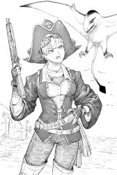 Rule 34 | 1girl, boots, clenched teeth, contrapposto, earrings, finger on trigger, fingerless gloves, flying, frown, gloves, goggles, goggles on head, greyscale, gun, hand on own hip, hat, highres, holding, holding gun, holding weapon, jewelry, monochrome, musket, necklace, original, pants, pirate hat, pterosaur, sharp teeth, short hair, solo, teeth, weapon, y naf