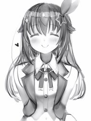 Rule 34 | 1girl, bare shoulders, blush, bow, closed mouth, facing viewer, greyscale, hair bow, hair flaps, hair ornament, heart, highres, hololive, idol, long hair, monochrome, nanashi (nlo), neck ribbon, ribbon, simple background, smile, solo, star (symbol), star hair ornament, tokino sora, tokino sora (1st costume), upper body, vest, virtual youtuber, white background