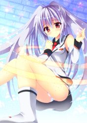 Rule 34 | 10s, 1girl, :&gt;, ahoge, black shirt, boots, clenched hand, closed mouth, detached sleeves, employee uniform, eyebrows, hair between eyes, isla (plastic memories), long hair, long sleeves, necktie, panties, pantyshot, plastic memories, red eyes, red necktie, shirt, silver hair, skirt, sleeveless, sleeveless shirt, solo, star (symbol), suzukawa yui, twintails, underwear, uniform, very long hair, white footwear, white panties, white shirt