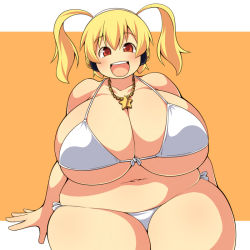 Rule 34 | 1girl, bad id, bad pixiv id, bikini, blonde hair, blush, breasts, brown eyes, cleavage, fat, gigantic breasts, headphones, hip focus, jewelry, looking at viewer, necklace, nitroplus, no nose, open mouth, orange eyes, short hair, smile, solo, star (symbol), super pochaco, swimsuit, thick thighs, thighs, twintails, uccow, white bikini, wide hips