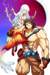 Rule 34 | 1boy, 1girl, artemis (fate), bare pectorals, belt, breasts, brown hair, carrying, closed eyes, dress, fate/grand order, fate (series), large breasts, long hair, muscular, oiun, pectorals, shoulder carry, size difference, smile, star (sky), strapless, strapless dress, super orion (fate), white hair