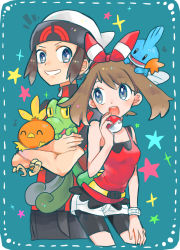 Rule 34 | 1boy, 1girl, bare shoulders, beanie, belt, bike shorts, black eyes, blue background, blush, bracelet, breasts, brendan (pokemon), brown hair, closed eyes, closed mouth, colored sclera, creatures (company), cropped legs, crossed arms, eye contact, game freak, gen 3 pokemon, grey eyes, hairband, hand up, happy, hat, heart, highres, holding, holding poke ball, jewelry, looking at another, may (pokemon), mudkip, musical note, nago celica, nintendo, notice lines, open mouth, poke ball, poke ball (basic), pokemon, pokemon (creature), pokemon oras, red hairband, red shirt, shirt, short hair, short shorts, short sleeves, shorts, simple background, sleeveless, sleeveless shirt, small breasts, smile, standing, star (symbol), starter pokemon trio, teeth, torchic, treecko, white headwear, white shorts, yellow sclera, zipper pull tab