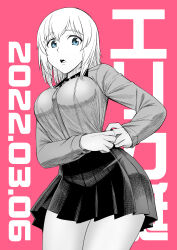 Rule 34 | 1girl, absurdres, adjusting clothes, blue eyes, breasts, cowboy shot, dated, girls und panzer, greyscale, highres, itsumi erika, kuromorimine school uniform, large breasts, limited palette, long sleeves, looking down, medium hair, monochrome, parted lips, pink background, pleated skirt, school uniform, simple background, skirt, solo, sutahiro (donta), taut clothes, teeth, text background, upper teeth only