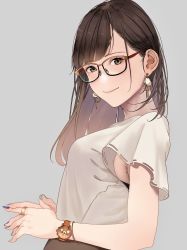Rule 34 | 1girl, blush, bracelet, brown eyes, brown hair, brown skirt, closed mouth, earrings, glasses, grey background, highres, jewelry, long hair, looking at viewer, mole, mole under eye, nail polish, office lady, original, own hands together, ring, saitou (lynx-shrike), shirt, short sleeves, simple background, skirt, smile, solo, watch, white shirt