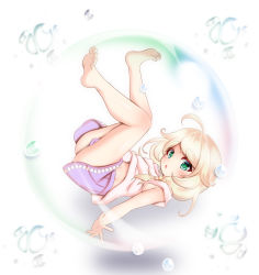Rule 34 | 1girl, ahoge, ass, barefoot, blonde hair, blush, bubble, commission, feet, floating, from side, green eyes, highres, hosizora mikoto, idolmaster, idolmaster cinderella girls, in bubble, knees together feet apart, legs, long hair, looking at viewer, miniskirt, navel, open mouth, pink shirt, pink skirt, pixiv commission, shirt, short sleeves, skirt, soles, solo, thighs, toes, twintails, upside-down, yusa kozue