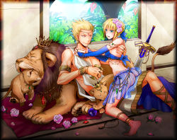 Rule 34 | 1boy, 1girl, animal, anklet, artoria pendragon (all), artoria pendragon (fate), ass, barefoot, blonde hair, blue eyes, blush, bracelet, breasts, bridal gauntlets, chalice, circlet, crown, cub, cup, earrings, excalibur (fate/stay night), fate/stay night, fate/zero, fate (series), flower, full body, gilgamesh (fate), gloves, hair flower, hair ornament, hair ribbon, hashibayachi, jewelry, legs, lion, medium breasts, necklace, panties, pink flower, pink rose, red eyes, ribbon, rose, saber (fate), see-through, sideboob, slave, smile, thighs, thong, topless male, underwear