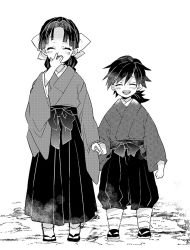 Rule 34 | 1boy, 1girl, ^ ^, aged down, arm at side, arms at sides, braid, braided ponytail, brother and sister, child, closed eyes, covering own mouth, facing viewer, full body, greyscale, hakama, hand over own mouth, hand up, happy, holding hands, japanese clothes, kimetsu no yaiba, laughing, leg wrap, long hair, long sleeves, monochrome, obi, pants, pants tucked in, parted bangs, ponytail, road, sandals, sash, siblings, single braid, standing, tabi, tomioka giyuu, tomioka tsutako, tuduri, wide sleeves, zouri