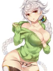 Rule 34 | 10s, 1girl, asymmetrical hair, bad id, bad twitter id, braid, breasts, clothes pull, cloud print, collarbone, cowboy shot, groin, hair ornament, hood, hooded track jacket, jacket, jitome, kantai collection, large breasts, lingerie, long hair, looking at viewer, open mouth, pokoten (pokoten718), silver hair, simple background, single braid, skindentation, sleeves past wrists, solo, thighhighs, thighs, track jacket, underwear, unryuu (kancolle), very long hair, white background, yellow eyes