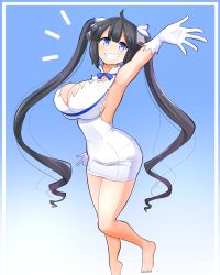 Rule 34 | 1girl, absurdres, arm up, armpits, barefoot, black hair, blue background, blue eyes, blue ribbon, breasts, cleavage, commentary, dungeon ni deai wo motomeru no wa machigatteiru darou ka, feet, gloves, gradient background, grin, hestia (danmachi), highres, hip focus, large breasts, legs, long hair, looking at viewer, raised eyebrows, ribbon, smile, solo, standing, theycallhimcake, thighs, twintails, very long hair, white background, white gloves