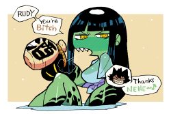 Rule 34 | 2girls, absurdres, black hair, black skin, blush, colored skin, commentary, drunk, english text, gourd, green skin, highres, holding, in water, kappa, long hair, looking at viewer, monster girl, multicolored skin, multiple girls, neneko (rariatto), open mouth, original, out of frame, profanity, rariatto (ganguri), ringed eyes, rudy (rariatto), sitting, solo focus, two-tone skin, yellow eyes