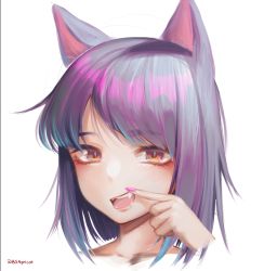 Rule 34 | 1girl, animal ears, blush, bright pupils, brown eyes, bsapricot, cat ears, cat girl, cropped shoulders, disembodied limb, fangs, finger to mouth, fingernails, gradient hair, looking at viewer, multicolored hair, nail polish, open mouth, original, parted bangs, pink hair, pink nails, portrait, purple hair, silver hair, simple background, solo, twitter username, white background