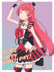 Rule 34 | 1girl, :o, absurdres, ahoge, arm up, birthday, black dress, black thighhighs, border, bow legwear, brooch, cbgb, commentary, cowboy shot, dated, detached collar, dress, english text, frilled cuffs, frilled dress, frills, happy birthday, hat, highres, hime cut, hojo sophy, jewelry, long hair, looking at viewer, mini hat, mini top hat, outside border, parted lips, pretty series, pripara, purple eyes, red hair, short dress, sleeveless, sparkle, standing, striped clothes, striped dress, symbol-only commentary, thighhighs, tilted headwear, top hat, white border, wing collar