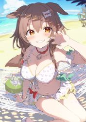 Rule 34 | 1girl, animal ears, arm support, beach, beach mat, bikini, blush, bone hair ornament, braid, breasts, brown hair, brown tail, cartoon bone, cleavage, cloud, collar, collarbone, day, dog ears, dog girl, drink, fangs, feet out of frame, gotyou, grin, hair between eyes, hair ornament, hair over shoulder, highres, hololive, horizon, inugami korone, large breasts, low twin braids, nail polish, navel, ocean, orange eyes, outdoors, red collar, sand, shade, side braids, sidelocks, sitting, smile, solo, stomach, sunlight, swimsuit, tail, thighs, twin braids, virtual youtuber, yellow nails