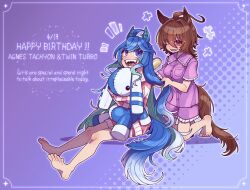 Rule 34 | +++, 2girls, agnes tachyon (umamusume), ahoge, animal ears, bare shoulders, blue eyes, blue hair, breast pocket, breasts, brown hair, brushing another&#039;s hair, brushing hair, crossed bangs, dated, english text, hair intakes, happy birthday, heterochromia, holding, holding brush, holding own hair, horse ears, horse girl, horse tail, hugging doll, hugging object, kneeling, long hair, long sleeves, multiple girls, notice lines, open mouth, pink shirt, pink shorts, pocket, purple eyes, purple shirt, purple shorts, red eyes, sharp teeth, shirt, short sleeves, shorts, sitting, small breasts, smile, stuffed animal, stuffed rabbit, stuffed toy, tail, teeth, torasigure, twin turbo (umamusume), umamusume, very long hair
