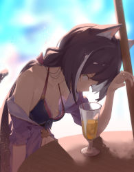 Rule 34 | 1girl, ahedtra, animal ear fluff, animal ears, bare shoulders, bikini, blue bikini, blurry, blurry background, bow, breasts, brown hair, cat ears, cat girl, cup, downblouse, drinking, drinking glass, drinking straw, drinking straw in mouth, green eyes, hair bow, hand up, highres, jacket, karyl (princess connect!), leaning forward, long hair, low twintails, multicolored hair, navel, nipple slip, nipples, open clothes, open jacket, princess connect!, purple jacket, red bow, short sleeves, small breasts, solo, streaked hair, swimsuit, table, twintails, white hair