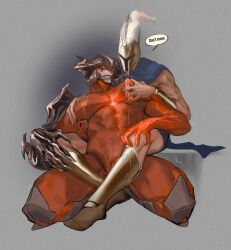 Rule 34 | 2boys, aatrox, abs, bara, brown hair, clothed male nude male, colored skin, cuntboy with male, curled horns, demon boy, english text, full body, grabbing, grabbing from behind, helmet, highres, horns, interspecies, kneeling, large pectorals, league of legends, leg lock, male focus, male lactation, monster boy, multiple boys, muscular, muscular male, nipples, nude, pantheon (league of legends), pectoral grab, pectorals, pussy, red skin, reverse newhalf, speech bubble, thick thighs, thighs, xkov (cerberuskeeper)