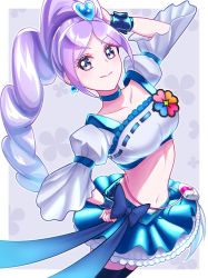 Rule 34 | 1girl, aono miki, bag, belly, blue choker, blue skirt, blush, border, braid, breasts, brooch, choker, collarbone, crop top, cure berry, earrings, floral print, fresh precure!, frills, grey background, grey eyes, hair ornament, heart, heart earrings, heart hair ornament, highres, jewelry, long hair, looking at viewer, looking up, midriff, navel, precure, puffy sleeves, purple hair, ribbon, skirt, small breasts, solo, stomach, thighhighs, towofuya, white border
