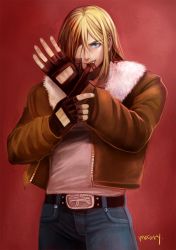 Rule 34 | 1boy, adjusting clothes, adjusting gloves, blonde hair, blue eyes, bomber jacket, denim, fatal fury, fingerless gloves, gloves, hair down, highres, jacket, jeans, long hair, mairry, male focus, garou: mark of the wolves, mouth hold, pants, signature, solo, terry bogard