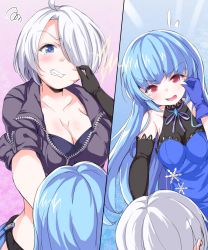Rule 34 | 2girls, alternate costume, angel (kof), angry, annoyed, blue eyes, blue hair, bra, breasts, cheek pinching, cropped jacket, fingerless gloves, gloves, hair over one eye, highres, jacket, kula diamond, large breasts, leather, leather jacket, looking at another, multiple girls, pinching, red eyes, short hair, snk, strapless, strapless bra, the king of fighters, the king of fighters 2001, the king of fighters xiv, tothe jekyll, underwear, white hair, wince