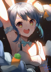 Rule 34 | 1girl, absurdres, animal ear fluff, animal ears, arm strap, artist name, black background, blue bow, blue bowtie, blue hair, bow, bowtie, braid, breasts, detached collar, floating hair, highres, hololive, idol clothes, light blush, nonstop story, official alternate costume, open mouth, pekomoon, rabbit ears, rabbit girl, short eyebrows, small breasts, solo, sparkle, sweat, twin braids, usada pekora, virtual youtuber