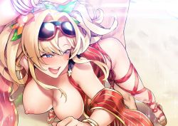 Rule 34 | 1boy, 1girl, bad id, bad twitter id, bare shoulders, beach, bikini, bikini pull, blonde hair, blue eyes, blush, bracelet, breasts, breasts out, clothes pull, eyewear on head, flower, granblue fantasy, hair intakes, hairband, hetero, hibiscus, jewelry, large breasts, leaning forward, legs, long hair, nipples, open mouth, red bikini, sandals, sex, sex from behind, shawl, smile, sunglasses, sunglasses on head, sunlight, swimsuit, thighs, tkhs, twintails, zeta (granblue fantasy), zeta (summer) (granblue fantasy)
