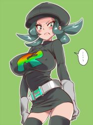 Rule 34 | &gt;:(, 1girl, adapted costume, bad id, bad pixiv id, belt, blue eyes, blue hair, blush, breasts, cabbie hat, covered erect nipples, creatures (company), dress, game freak, gloves, green background, half-closed eyes, hat, large breasts, long sleeves, looking at viewer, nintendo, pokemon, pokemon usum, simple background, skirt, solo, sweatdrop, team rainbow rocket, team rainbow rocket grunt, team rainbow rocket uniform, thighhighs, thighs, twintails, v-shaped eyebrows, zaitsu, zettai ryouiki