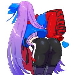 Rule 34 | 1girl, ass, bike shorts, bow, bulge, cropped jacket, fate/extra, fate/extra ccc, fate/grand order, fate (series), from behind, hair bow, hair ribbon, heart, highres, leaning, leaning forward, long hair, meltryllis (fate), meltryllis (mysterious alter ego) (fate), meltryllis (tour outfit) (fate), purple hair, ribbon, shiny clothes, solo, very long hair