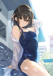 Rule 34 | &quot;rouhou&quot; ore no iinazuke ni natta jimiko ie dewa kawaii shikanai., 1girl, asymmetrical hair, bare legs, blue one-piece swimsuit, blush, breasts, brown hair, building, chain-link fence, cleavage, closed mouth, commentary, competition school swimsuit, covered navel, cowboy shot, day, expressionless, fence, fountain, hair between eyes, hair ornament, hand in own hair, holding, jacket, looking at viewer, medium breasts, medium hair, no eyewear, off shoulder, one-piece swimsuit, open clothes, open jacket, orange eyes, outdoors, poolside, school swimsuit, solo, sunlight, swimsuit, tan (tangent), thighs, watanae yuuka, wet, wet hair, white jacket, window
