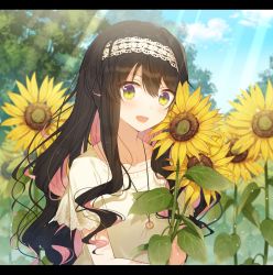 Rule 34 | 1girl, :d, black hair, blush, casual, collarbone, commentary request, day, fang, flower, hair between eyes, hairband, hiiragi souren, holding, holding flower, jewelry, kantai collection, leaf, letterboxed, light rays, looking at viewer, multicolored eyes, multicolored hair, naganami (kancolle), necklace, open mouth, outdoors, pink hair, plant, purple eyes, shirt, short sleeves, smile, solo, sunbeam, sunflower, sunlight, two-tone hair, upper body, white hairband, yellow eyes, yellow shirt