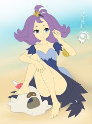 Rule 34 | 1girl, :3, acerola (pokemon), armlet, artist name, ass, barefoot, beach, blue eyes, clenched hands, collarbone, convenient leg, creatures (company), dress, elite four, eyelashes, feet, fingernails, flat chest, full body, game freak, gen 7 pokemon, hand on own knee, hand up, happy, knees up, legs, looking to the side, medium hair, neck, nintendo, no panties, orcaleon, outdoors, patch, pokemon, pokemon (creature), pokemon sm, purple dress, purple hair, sandygast, short-sleeved dress, short dress, short ponytail, short sleeves, sidelocks, sitting, size difference, smile, soles, stitches, summer, thighs, toenails, toes, upskirt