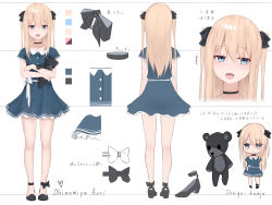 Rule 34 | +++, 1girl, :&lt;, :d, black bow, black choker, black footwear, blonde hair, blue dress, blue eyes, bow, character sheet, chibi, choker, closed mouth, commentary request, copyright request, dot nose, dress, fang, frilled dress, frills, hair between eyes, hair bow, high heels, indie virtual youtuber, kanju, long hair, mole, mole under eye, multiple views, hugging object, open mouth, shinomiya anri, shoes, short sleeves, smile, stuffed animal, stuffed toy, teddy bear, translation request, two side up, virtual youtuber, white bow