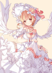 Rule 34 | 1girl, blonde hair, bracelet, breasts, brown eyes, chinese commentary, cleavage, closed mouth, clothes lift, dress, dress lift, feathered wings, flower, frilled bracelet, frilled dress, frilled headwear, frills, hat, hat flower, headdress, highres, jewelry, large breasts, lifting own clothes, long dress, looking at viewer, medium hair, natie (latte), necklace, original, rose, simple background, single bare shoulder, smile, solo, white dress, white headdress, white wings, wings, yellow background