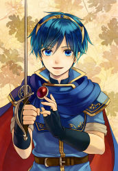 Rule 34 | 1boy, belt, black gloves, blue cape, blue eyes, blue hair, blue shirt, cape, fingerless gloves, fire emblem, fire emblem: mystery of the emblem, gloves, hairband, highres, holding, holding sword, holding weapon, kiyuu, looking at viewer, male focus, marth (fire emblem), nintendo, parted lips, shirt, smile, solo, standing, sword, upper body, weapon, yellow hairband
