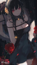 Rule 34 | 1girl, arms behind back, artificial flower, bare shoulders, black dress, black hair, blood, blood on leg, bouquet, breasts, cleavage, closed mouth, cowboy shot, dress, flower, gold hairband, hair flower, hair ornament, hairband, highres, holding, holding bouquet, inaeda kei, indoors, looking at viewer, medium breasts, medium hair, mirror, petals, purple eyes, red eyes, red flower, red rose, reflection, rose, short hair with long locks, sidelocks, sleeveless, sleeveless dress, solo, spy x family, standing, thighs, tile wall, tiles, twitter username, yellow flower, yellow hairband, yor briar